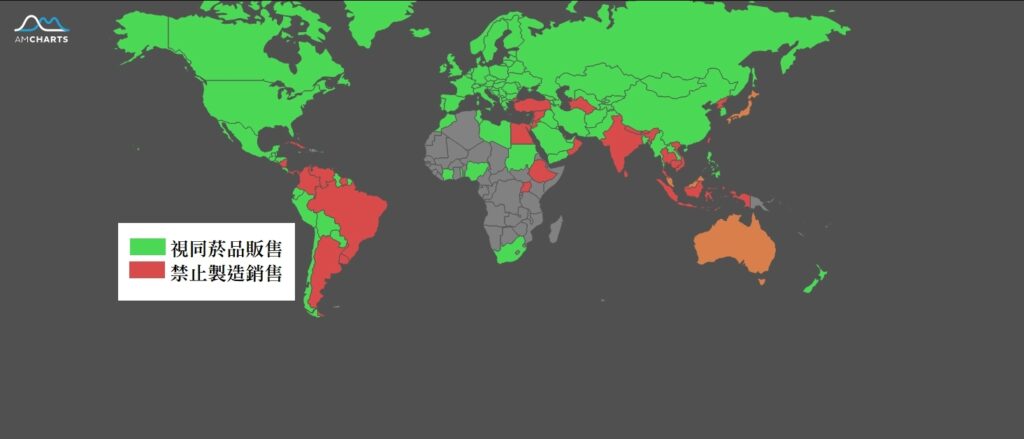 電子煙合法國家分佈圖,顯示電子煙使用合法的國家